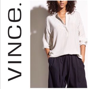 VINCE Double Striped Half-Placket Silk Tunic, 6